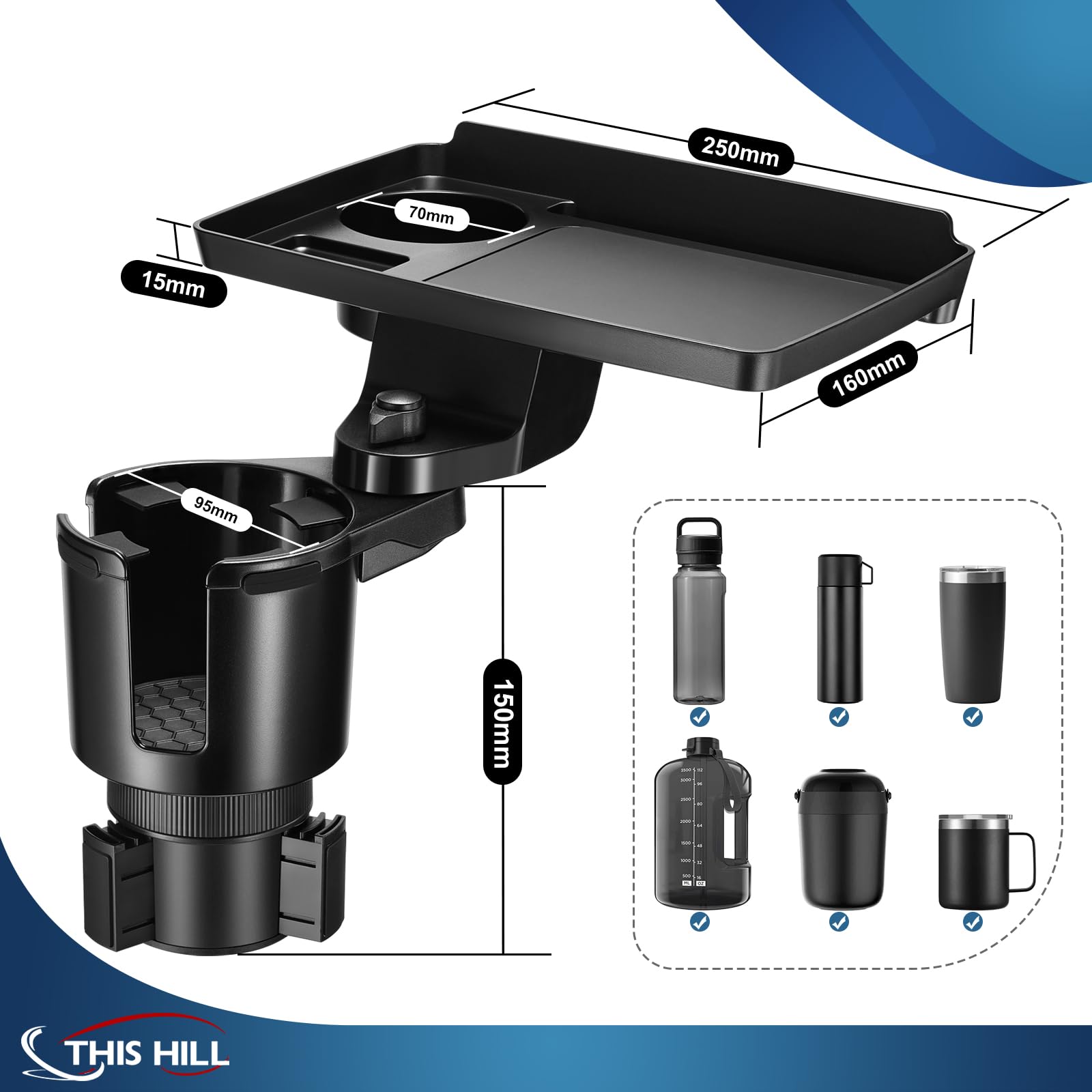 This Hill Cup Holder Tray for Car, 2 in 1 Detachable Car Food Table Tray with Solid Base & Phone Slot,Car Cup Holder Expander wi