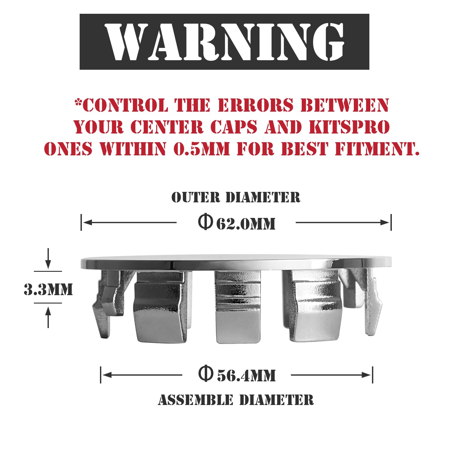 Kitspro 2.4Inch 62Mm Wheel Center Caps, Pack Of 4 (Chrome, Outer 62Mm, Inner 56Mm)