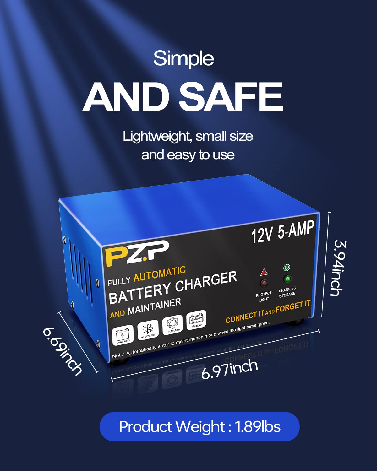 Pz.P 12V Smart Car Battery Charger, 5Amp Fully-Automatic Trickle Charger, Battery Desulfator With Auto Repair, 12 Volt Battery M