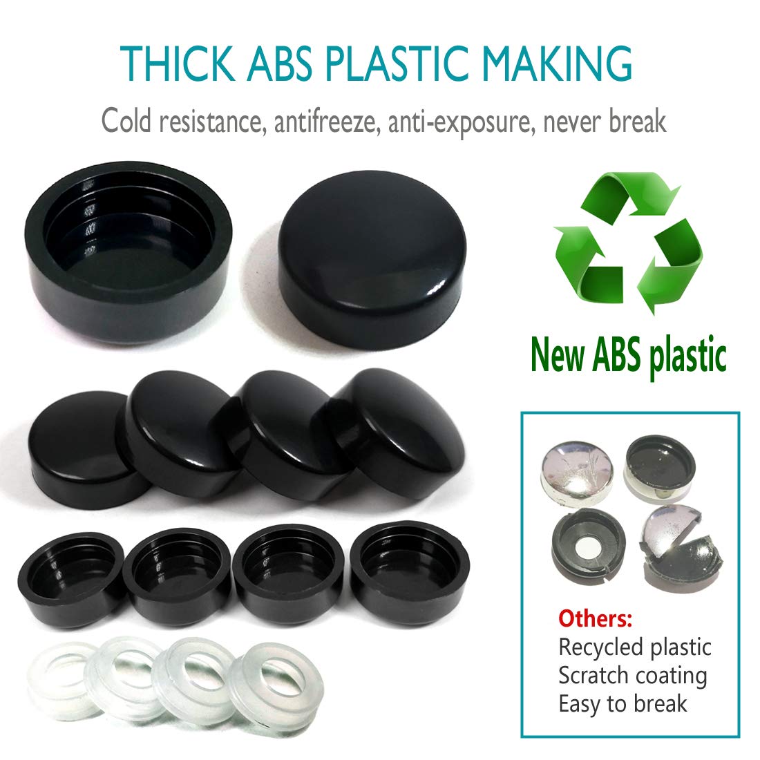 Aootf Anti Theft License Plate Screws- Rust Stainless Steel Plate Screw Resistant Security Tamper Resistant Machine License Plate Bolt License Plate Frame Fastener, Black Caps, Anti-Rattle Pad