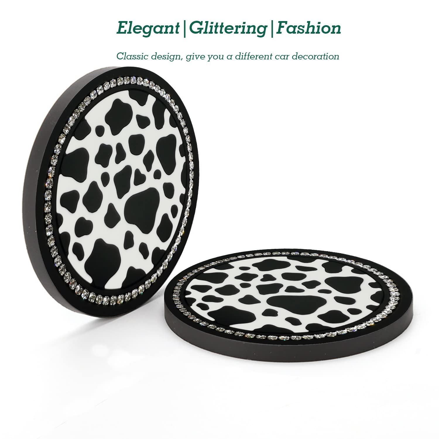 2Pcs Bling Cow Print Car Accessories For Women, Universal Auto Cute Anti Slip Cup Holder Insert Coaster