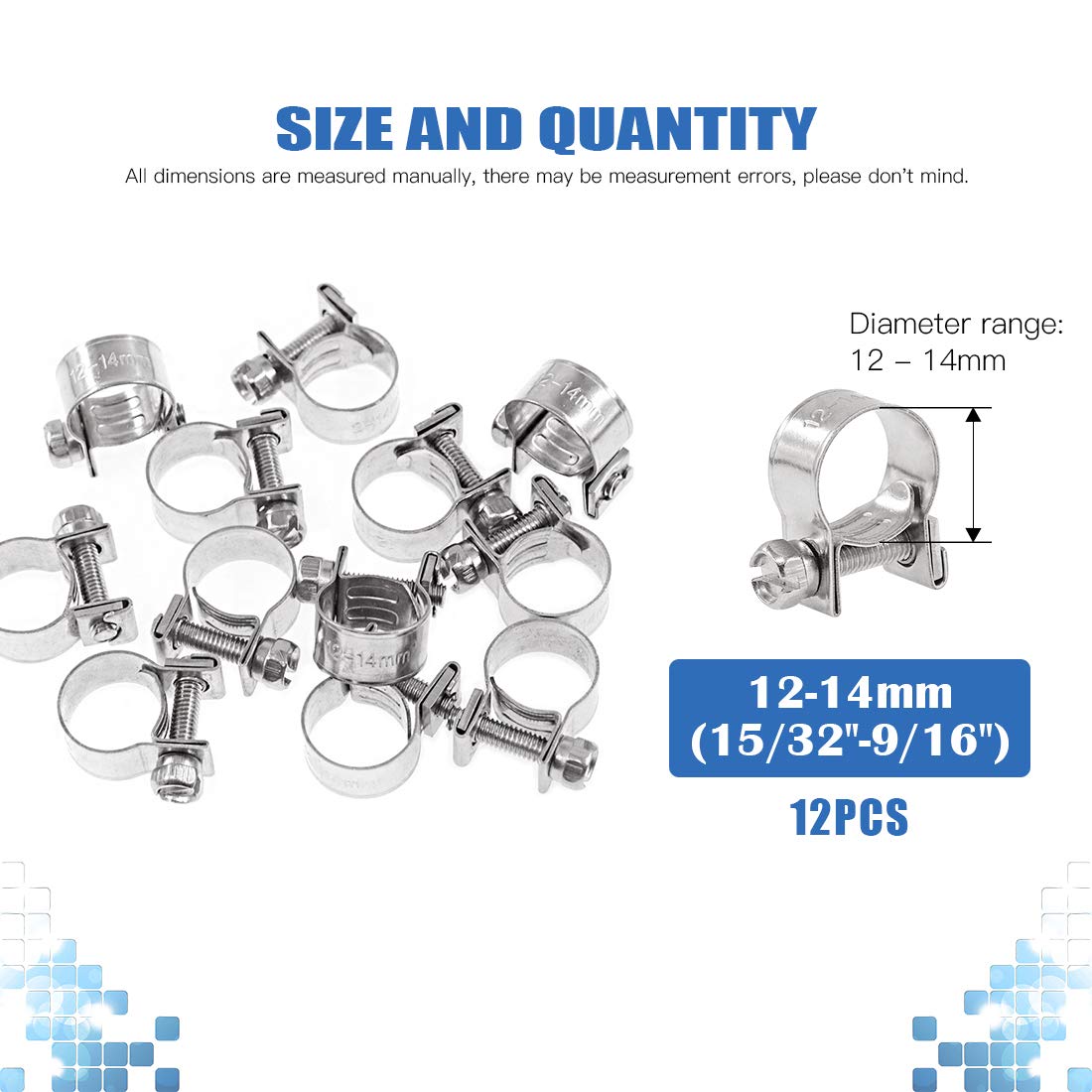 Glarks 12Pack 12-14Mm Stainless Steel Mini Fuel Injection Hose Clamps Adjustable Pipe Hose Clip Tube Clamps Set (15/32''-9/16''