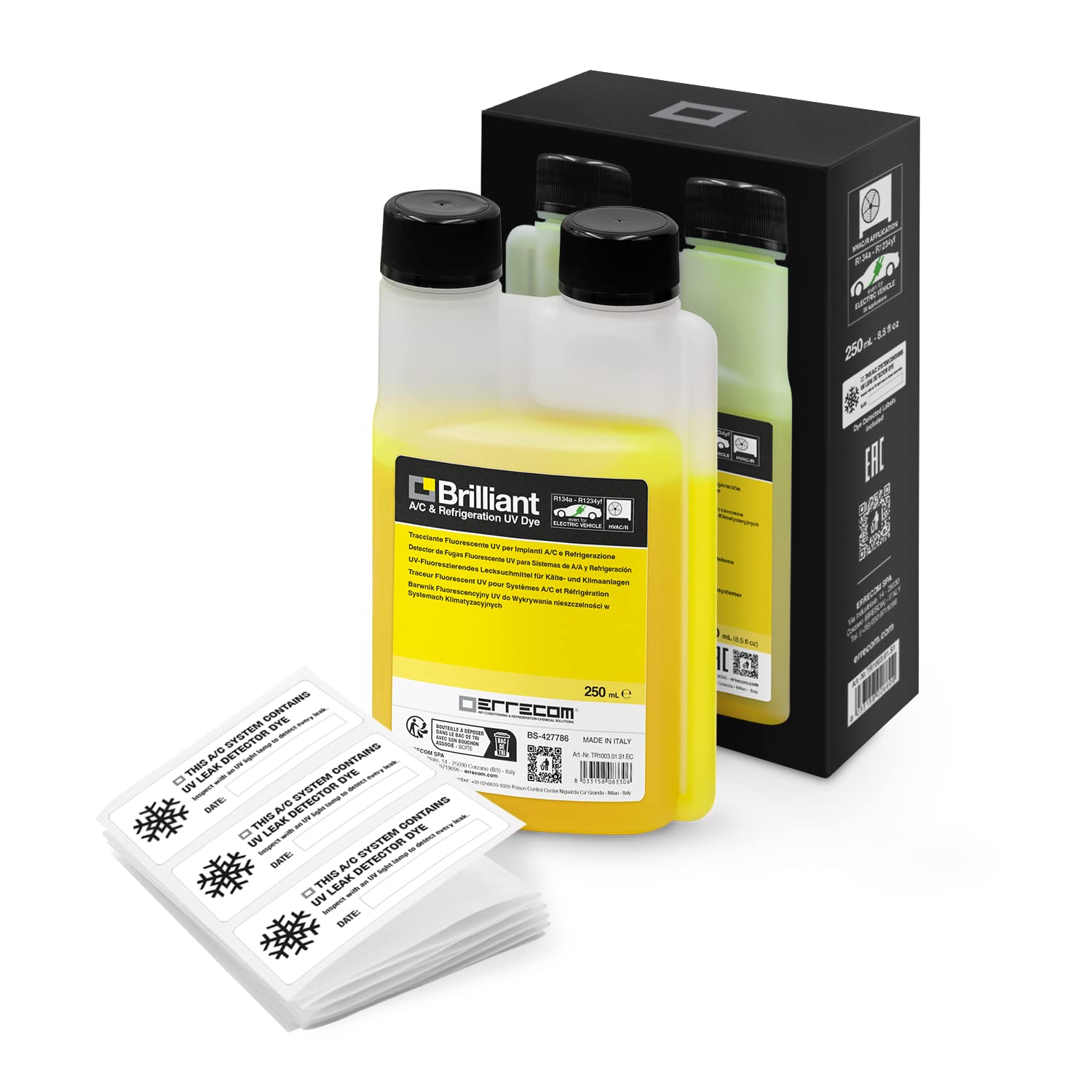 Errecom Brilliant - 8.5 Fl Oz (250 Ml), Fluorescent Uv Dye For Detecting Refrigerant Gas Leaks In Air Conditioning And Refrigera