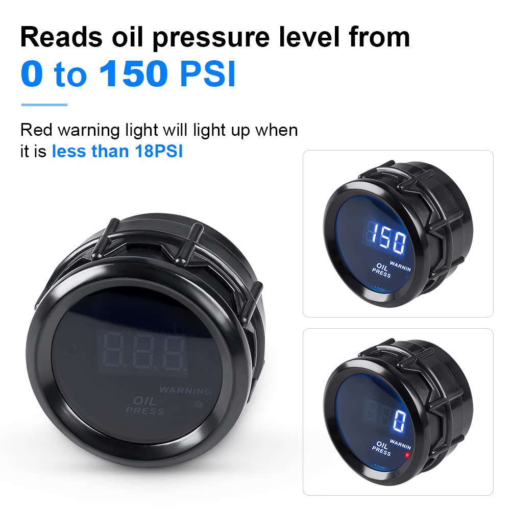Waterwich Oil Pressure Gauge 0-150 Psi Dc12V Press Gauge Meter Kit 2Inches 52Mm For Car Truck Vehicle Automotive