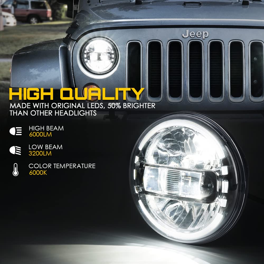 Xprite 7'' Led Round Headlights Compatible With 1997-2018 Jeep Wrangler Jk Jku Lj Cj Tj Hummer H1 H2, Halo Ring Headlamps Dot Ap
