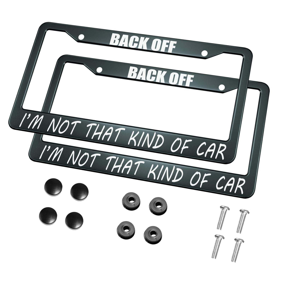 HOSNYE Back Off I'm Not That Kind of Car License Plate Frame Black 2 Pcs Metal Cute Licenses Plates Frames Licenses Plate Covers