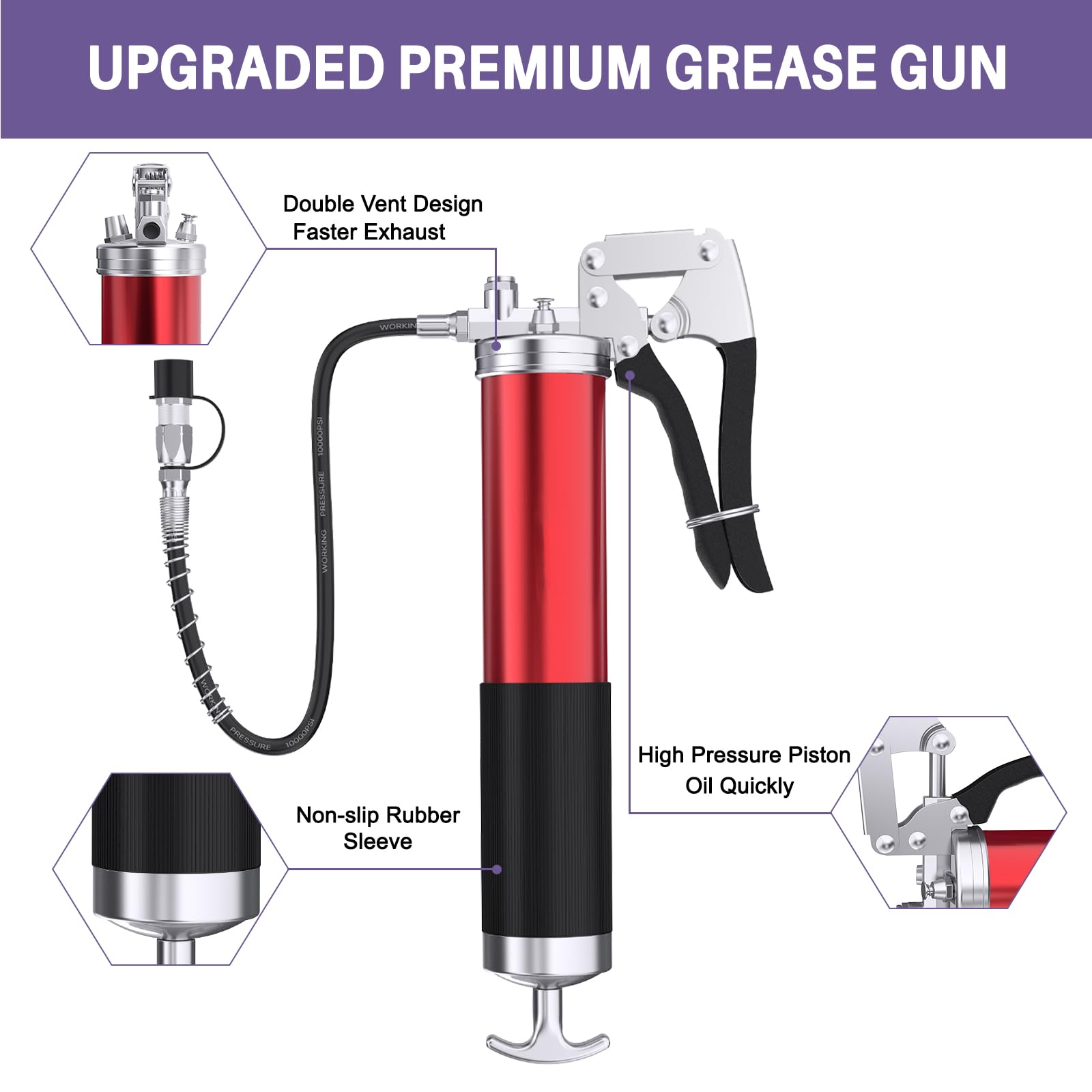 GATTLELIC 8000 PSI Heavy Duty Grease Gun Kit - 14oz with Flex Hose, Sharp Nozzle, Extension Pipe & Coupler, Red