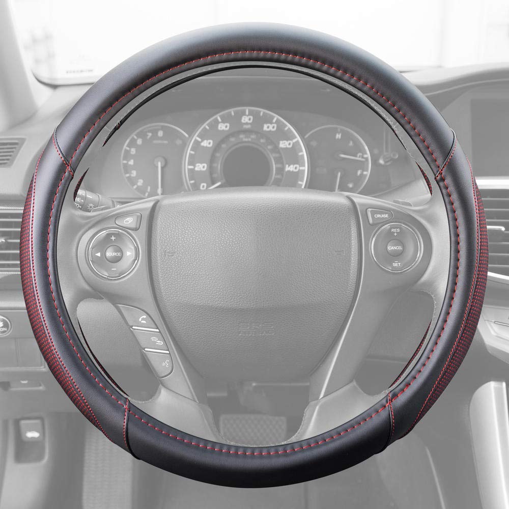Motor Trend Wine Steering Wheel Cover - Dotted Comfort Polyester Grip On Stitched Synthetic Leather, Wine Stitching/Black