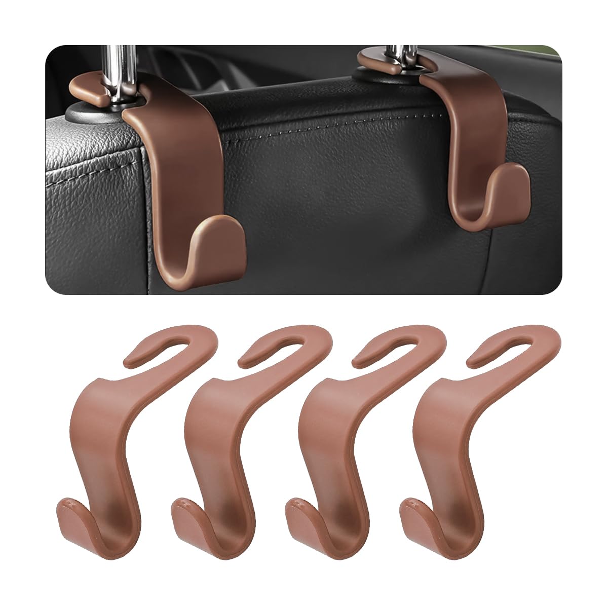4Pcs Car Back Seat Headrest Hooks, Rear Car Seat Storage Headrest Hanger Holder Hooks Organizer, Universal Auto Interior Accessories For Bag Purse Handbag Cloth Coats Grocery (Brown)