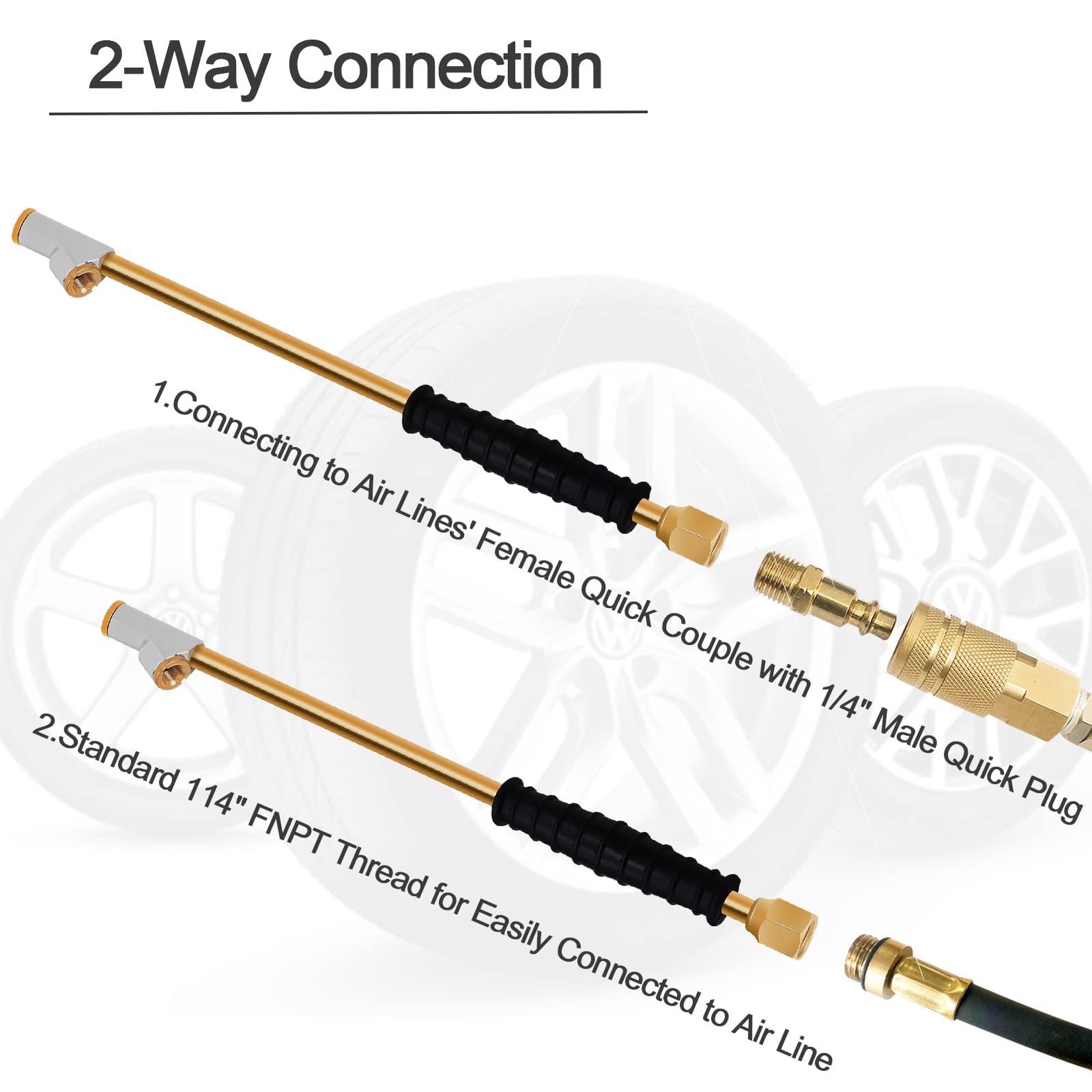 Godeson 1/4' Fnpt Extended Reach Dual Head Air Chuck, 2-Way Connection 11.8' Extended Brass Air Chuck With Rubber Handle,Tire Chuck With Quick Plug For Semi, Rv, Truck Dually Tires