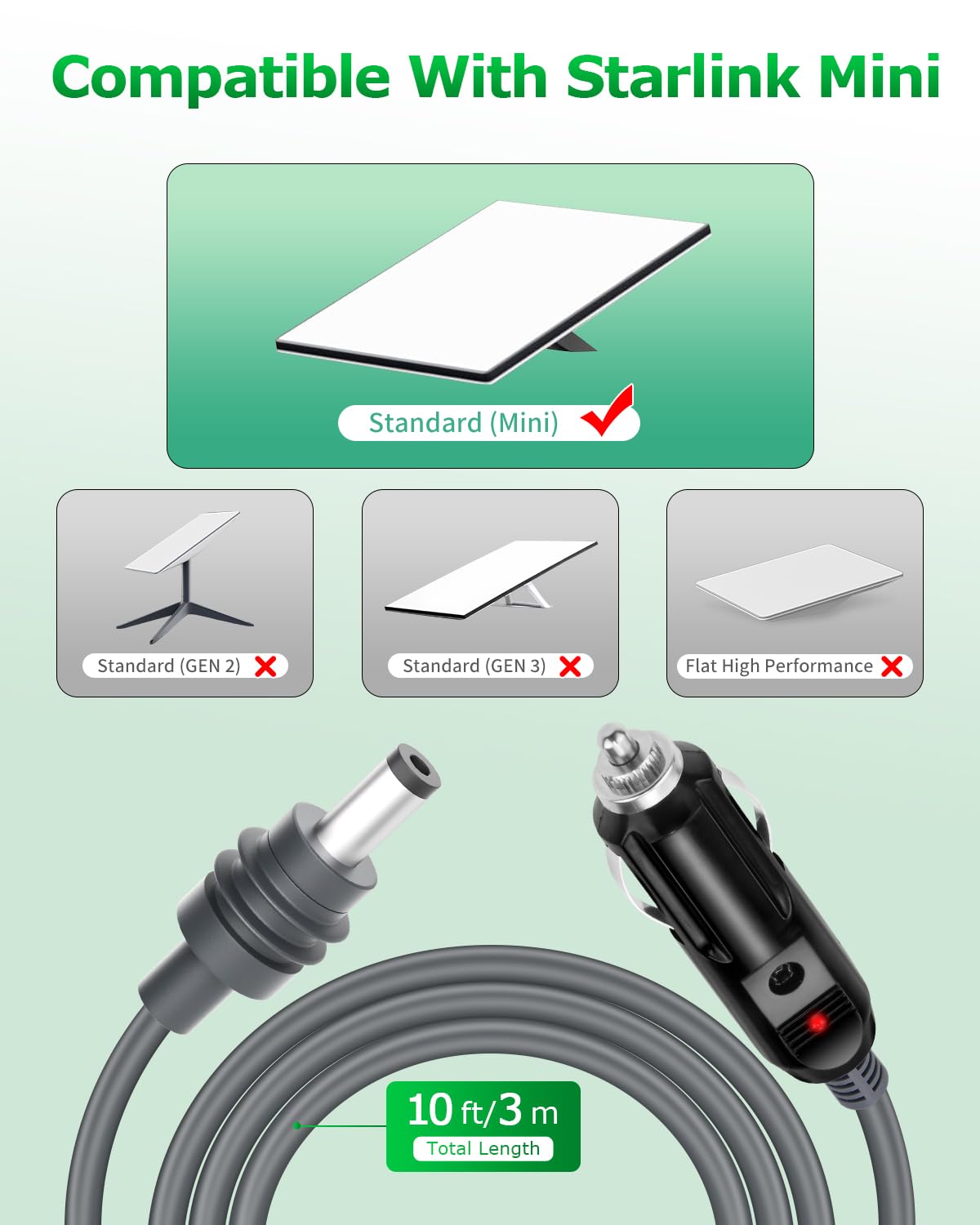 Starlink Mini DC Power Cable Cigarette Lighter 10FT Starlink Mini Cable 12V-24V DC Car Power Cable for Starlink Mini Accessories
