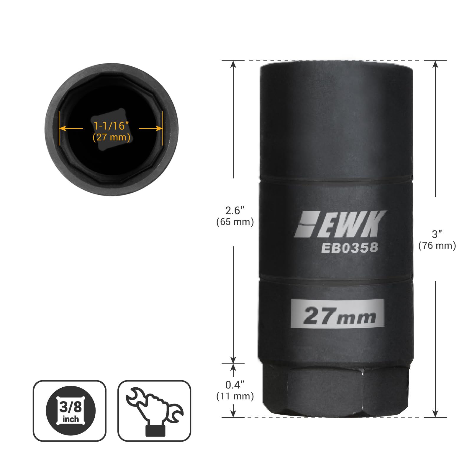 Ewk 1 1/16' (27Mm) Oil Pressure Switch Socket, 3/8' Drive Oil Pressure Sending Unit Socket