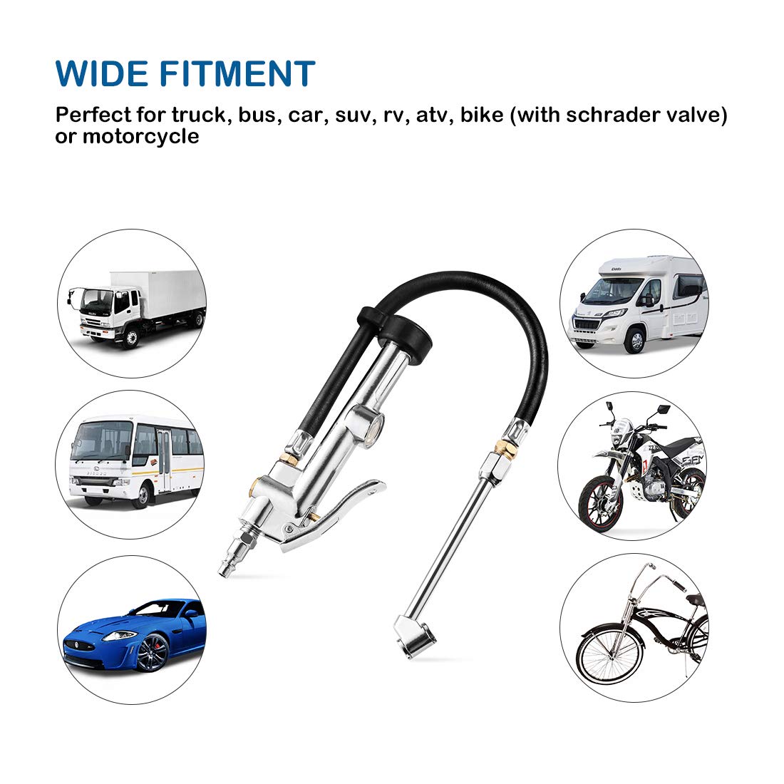 CZC AUTO Tire Inflator Air Pressure Gauge with Rubber Hose, 10-120PSI Dual Head Heavy Duty 1/4'' FNPT Tyre Inflator Gage Compati