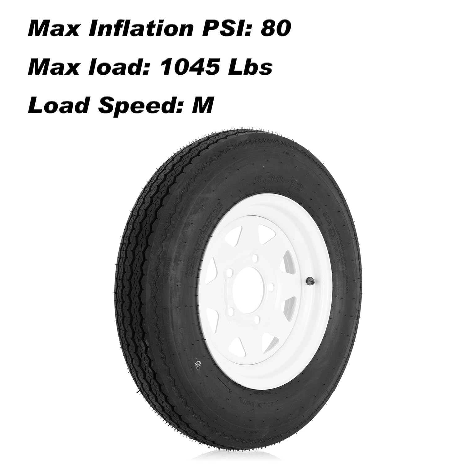 YUANXING 530-12 5.30-12 5.30 x 12 Trailer Tire on 12 '' White Rims - 5 Lug on 4-1/2 '' Wheel - Load Range C