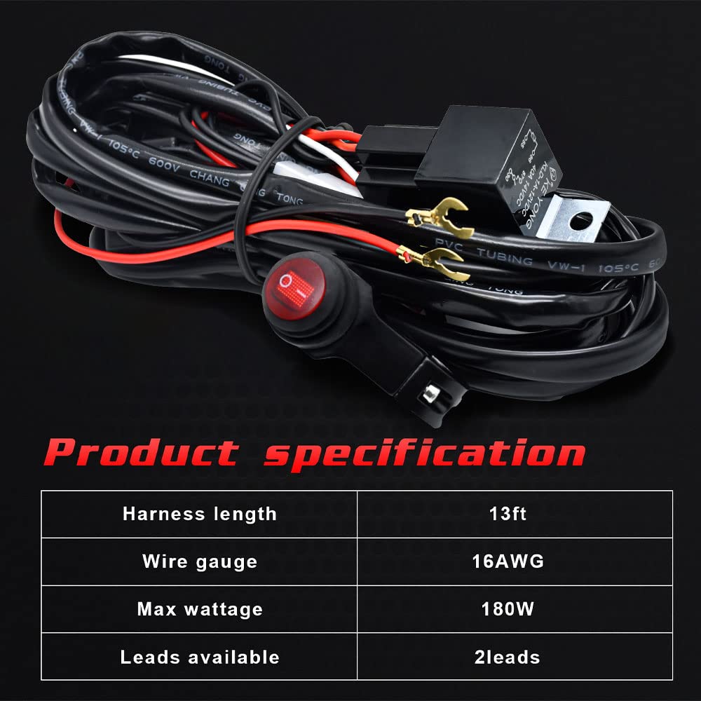 Kairiyard Light Bar Wiring Harness Motorcycle Handlebar Switch 13Ft 14Awg 2 Leads Universal Fog Light Wiring Harness Kit 480W 12V Relay 40A Fuse Relay For Switching Different Light Mode