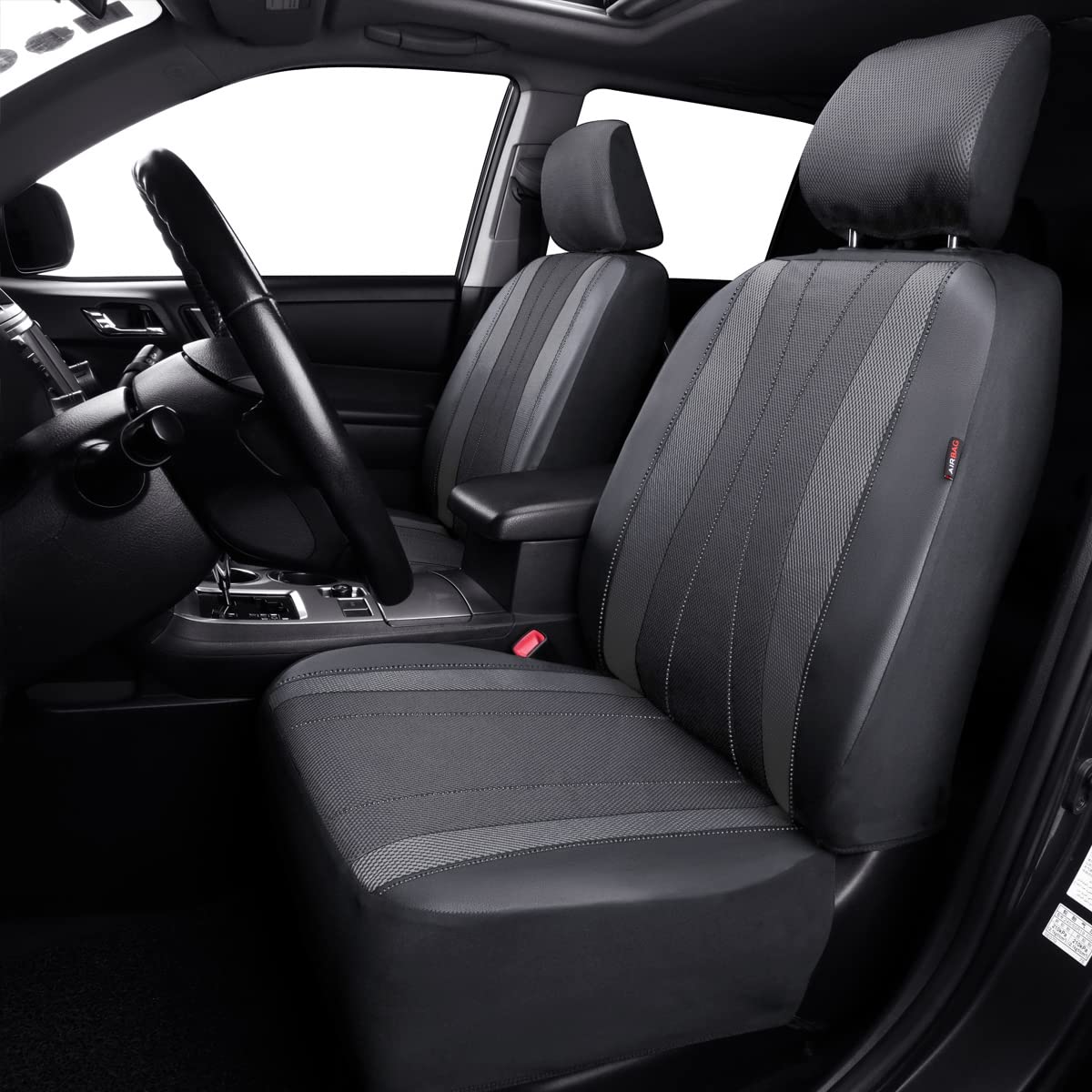 Flying Banner Car Seat Covers Full Set Faux Leather Air Mesh Breathable Man Lady Airbag Compatible Rear Bench Split 40/60 50/50 60/40 Truck Pick Up (Full Set - Low Back, Gray Gray)