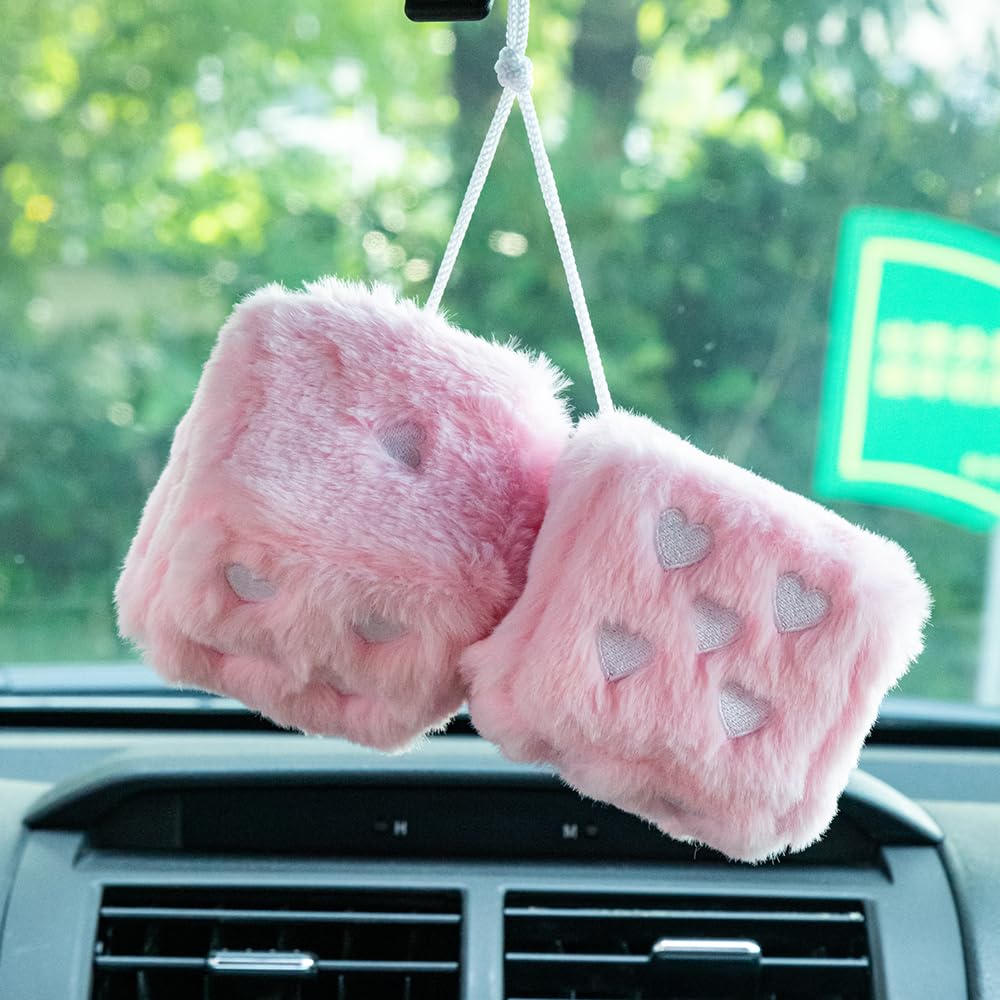 Heart Embroidered Baby Pink Fuzzy Plush Dice - 3-Inch Decorative Car Mirror Hanging Ornaments, Soft Foam, Easy Install, Great Gift Idea (Baby Pink)
