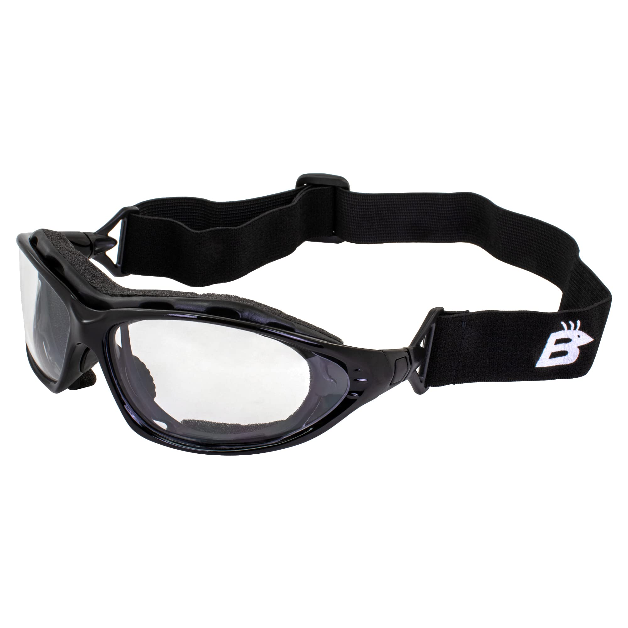 Birdz Eyewear Thrasher Padded Motorcycle Glasses-Convert-To-Goggles (Black Frame/Clear Lens)