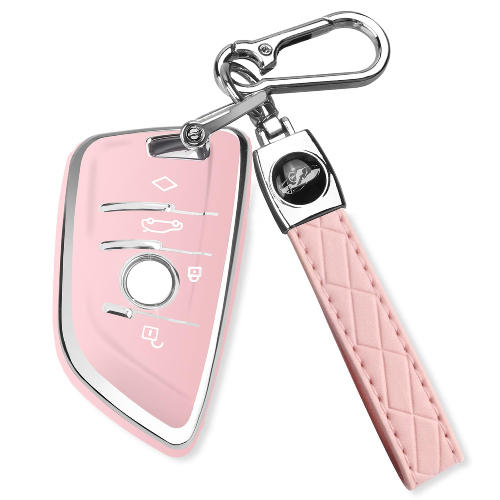 Qbuc For Bmw Key Fob Cover With Leather Keychain,For Bmw 2 5 6 7 Series X1 X2 X3 X5 X6 X7 Premium Soft Tpu Key Fob Holder (1-Pin