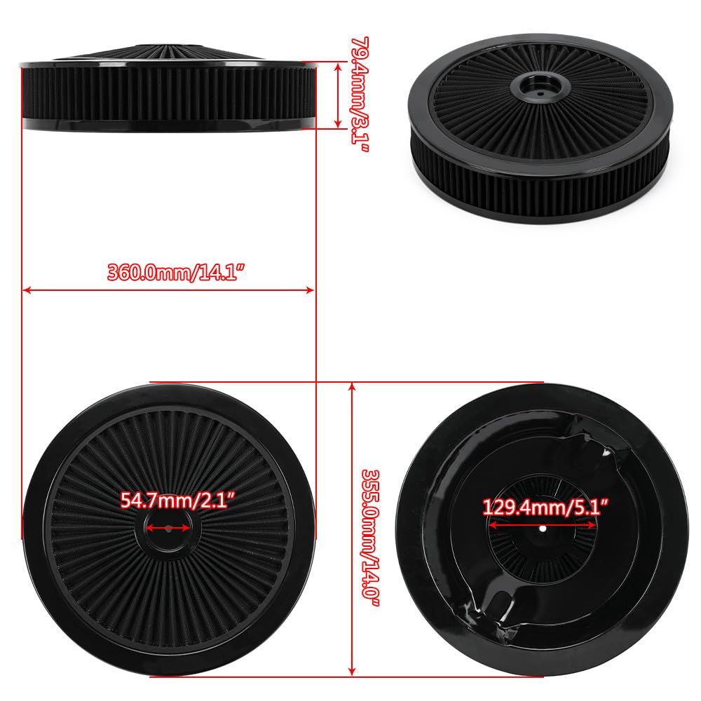PTNHZ 14x3 Round Air Cleaner Filter Assembly w/Flow-Thru Lid Caburetor High Flow Compatible with Chevrolet GMC Ford Black