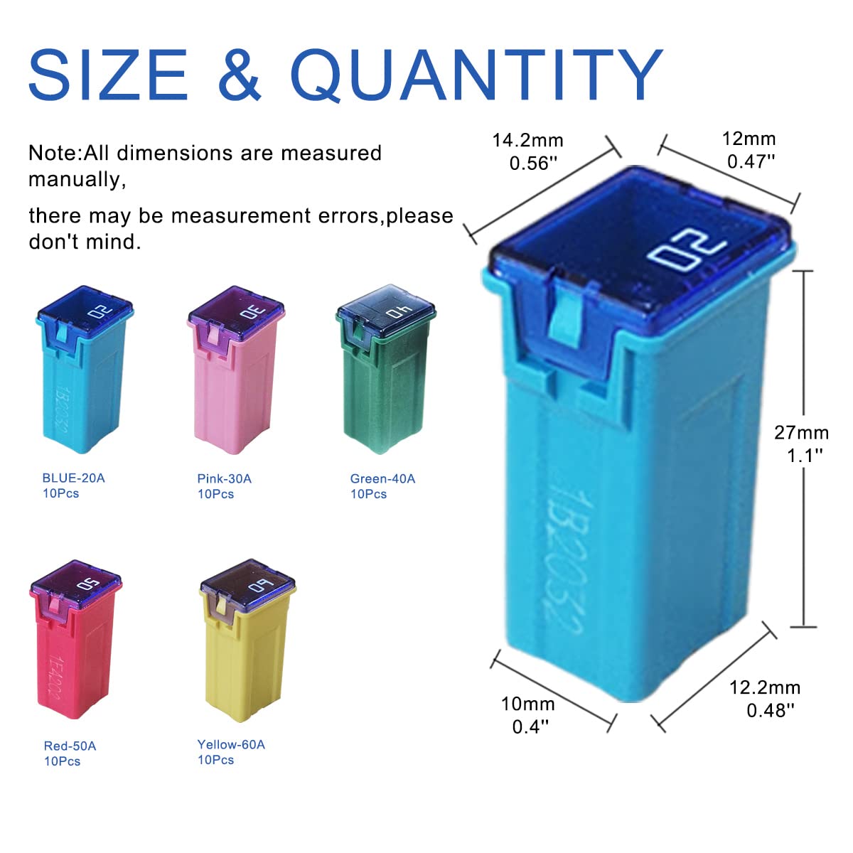 50 Pc Automotive Tall/Standard Profile Jcase Box Shaped Fuse Compatible For Ford, Chevy/Gm, Nissan, And Toyota Pickup Trucks, Ca