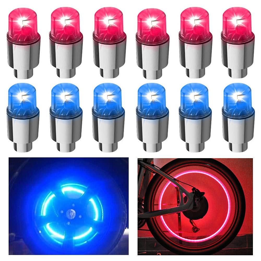 FICBOX 12 PCS LED Wheel Lights Flash Light Tire Valve Cap Lamp for Car Trucks Motorcycle Bike (Blue+Red)