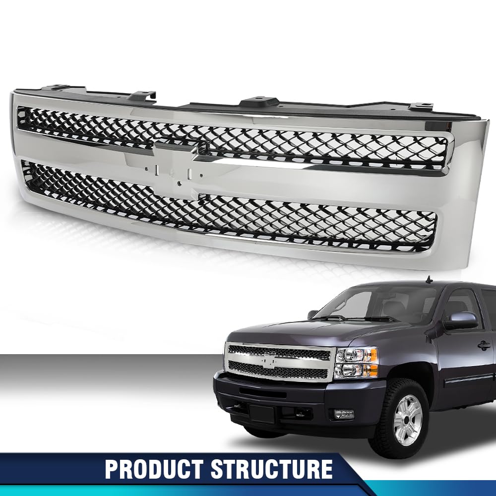 Pit66 Grille Compatible With Chevy Silverado 1500 2007-2013 Chrome Shell W/Black Insert 25810707, 19303978, 22849840, Gm1200572