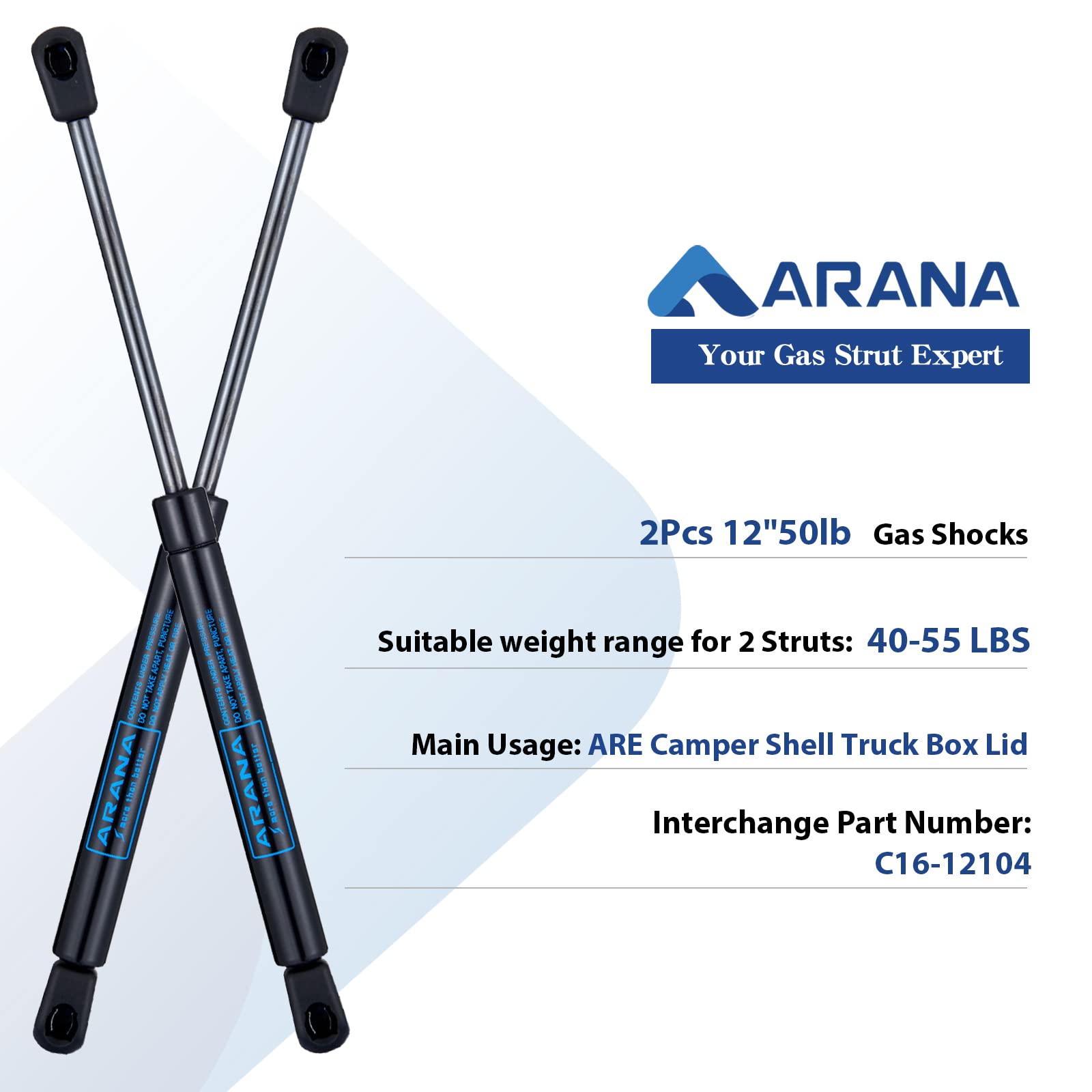 Arana C16-12104 12 Inch 50 Lbs Gas Prop Struts Shocks 12 '' 50Lb Lift Support For Are Topper Camper Shell Truck Tool Box Lid Tru