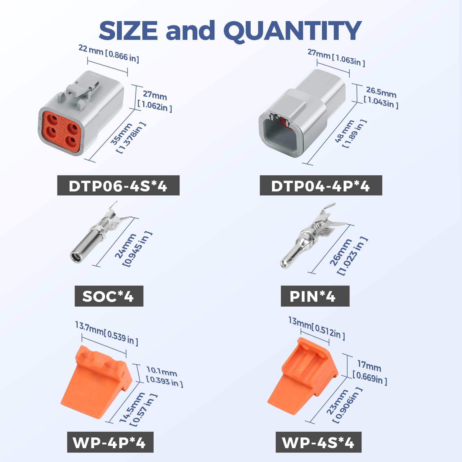48 PCS Deutsch DTP Connector Kit 4 Pin Automotive Waterproof Connectors 4 sets with Size 12 Stamped Contacts Gauge 14-12 AWG Wir