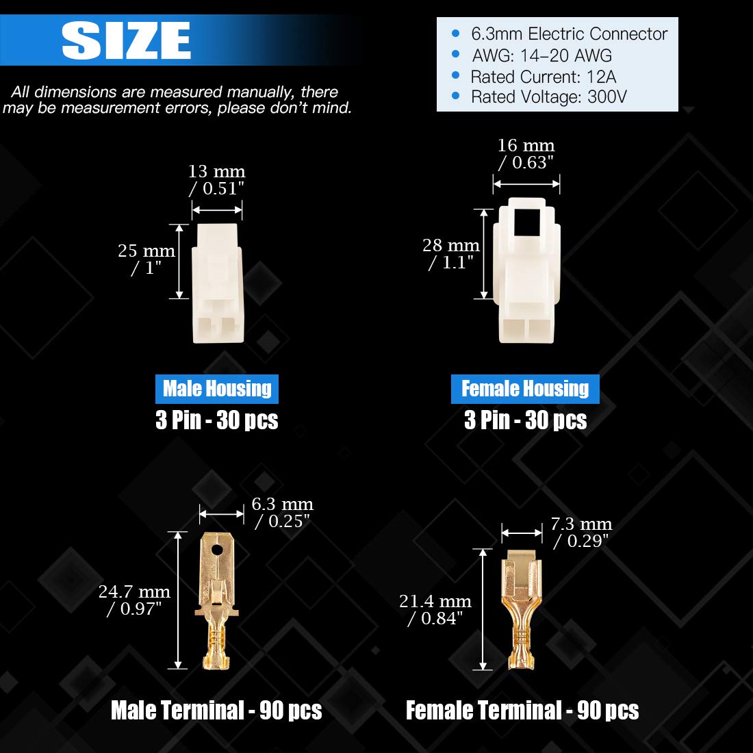 Glarks 240Pcs 6.3mm 3 Pin Way Electrical Automotive Wire Connector Male Female Socket Plug and Terminals Kit for Motorcycle, Bik