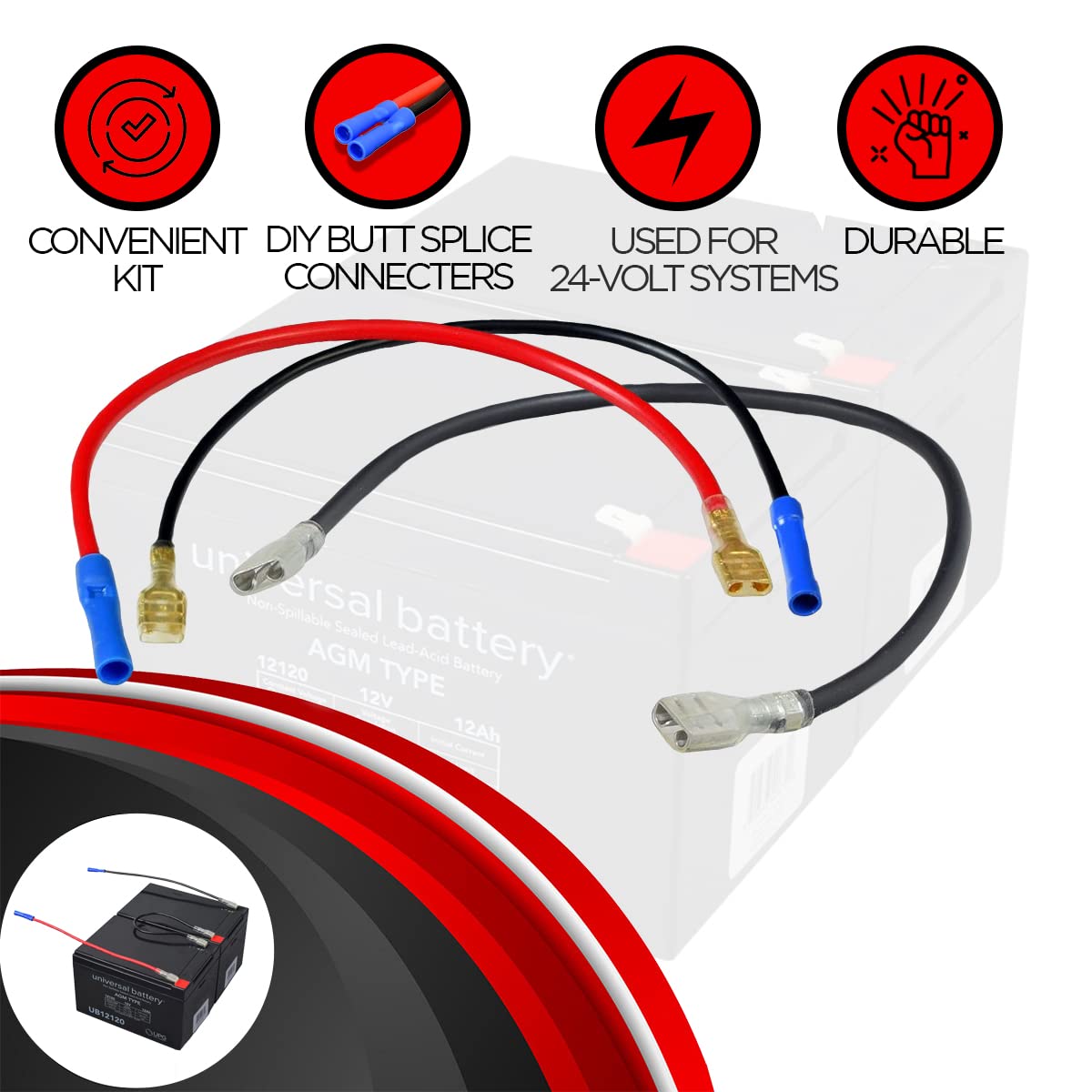 Alveytech 24 Volt Universal Battery Wiring Harness Kit - Replacement 14Awg 600V Cable For Electric Scooters, Mini Dirt Bikes, Ki