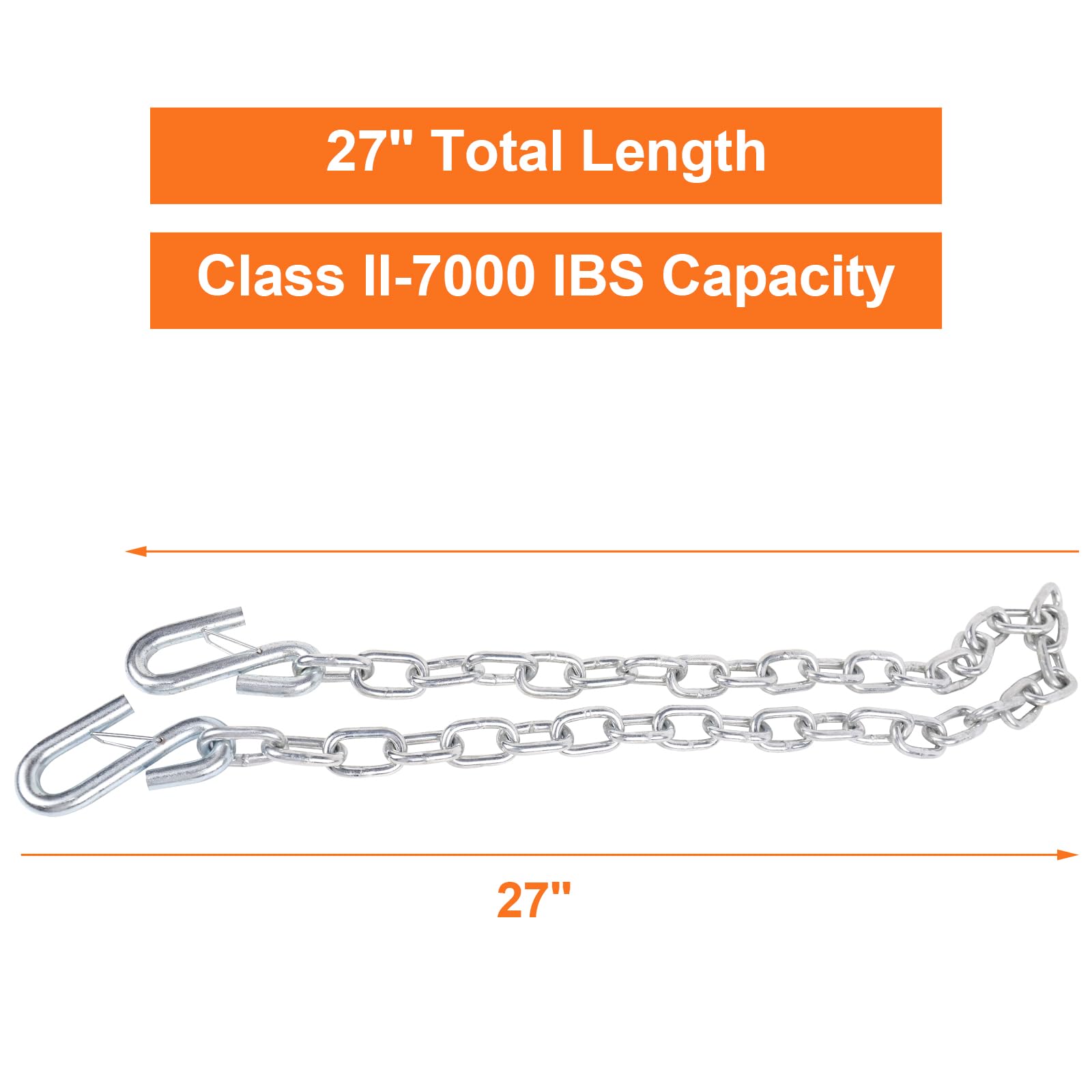Teukriga 5/16'' X 27'' Grade 30 Steel Boat Trailer Safety Chain With Spring Clip Hooks 7000 Lbs, 2 Pcs (5/16'' X 27'')