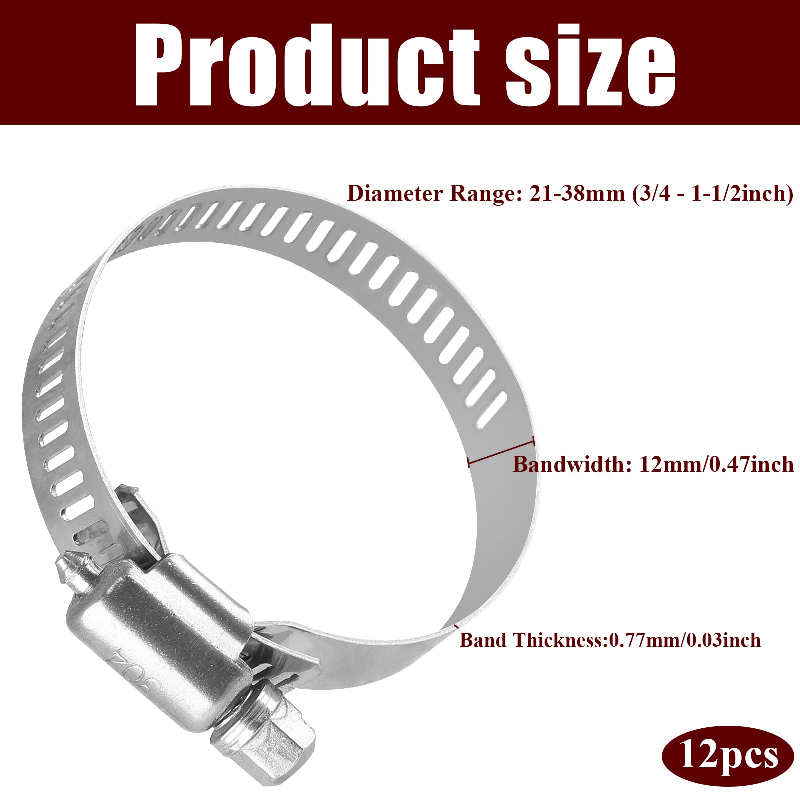 Auvotuis 12Pcs Stainless Steel Hose Clamps, 3/4 To 1-1/2 Inch Adjustable Worm Gear Hose Clamps For Fuel Line, Automotive Plumbin