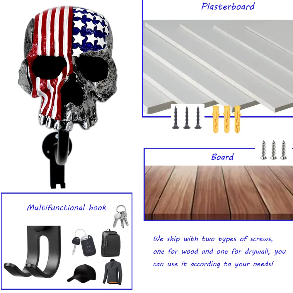 Tooyuart Motorcycle Accessories Helmet Holder Wall Mount, Skull Motorcycle Helmet Rack With 2 Hooks Hanger For Coats, Caps, Spor