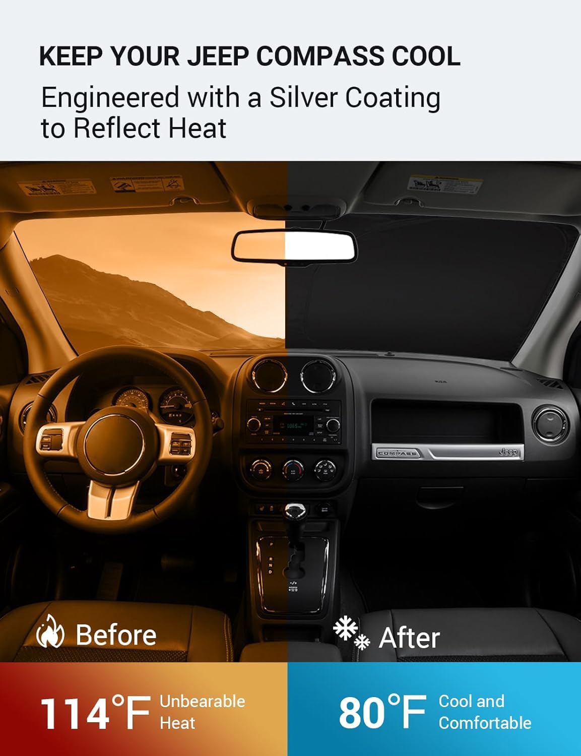 Proadsy 2025 Upgrade Windshield Sun Shade Custom Fit 2007-2017 Jeep Compass Foldable Front Sunshade Protector Sun Visor Blocks U