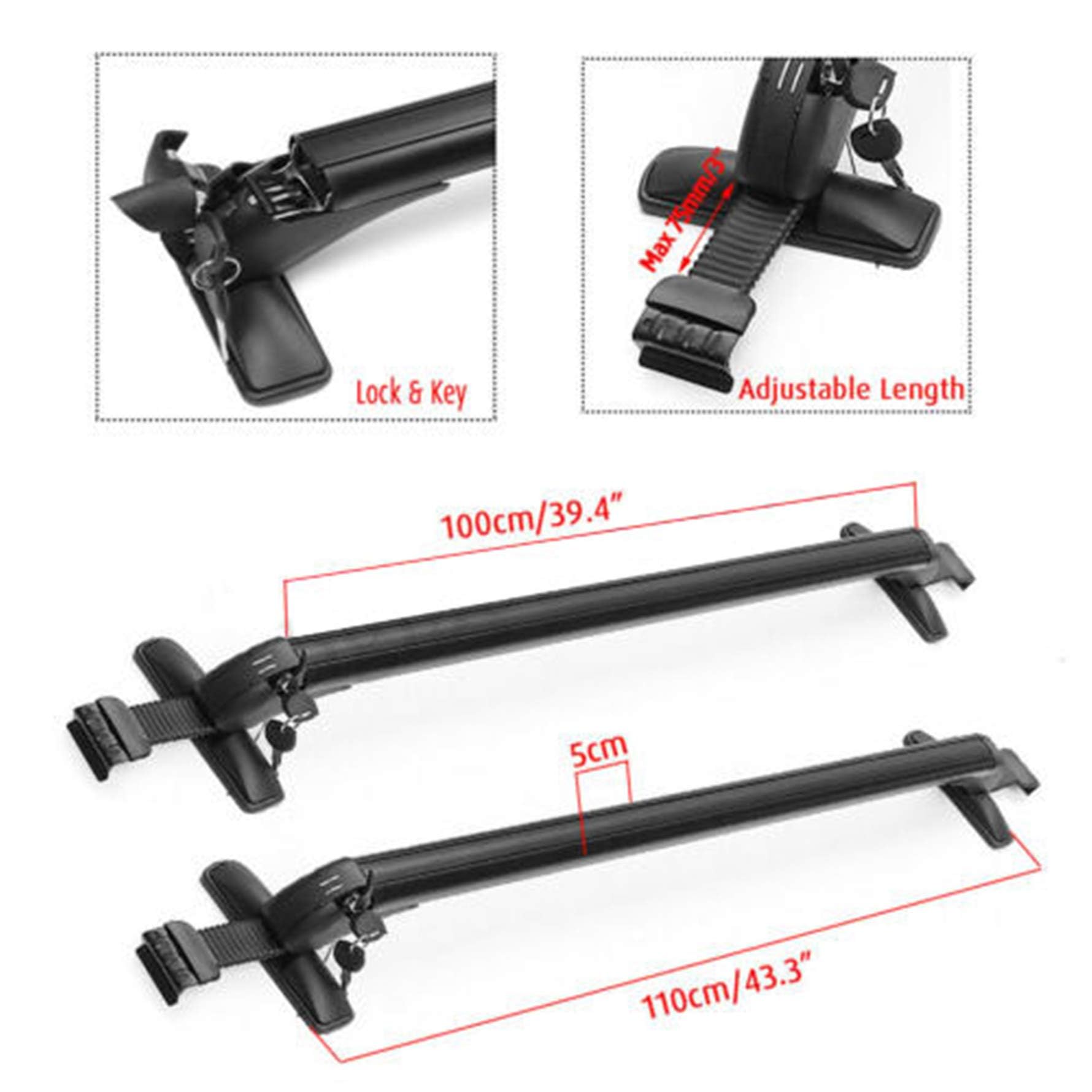 Munirater 2Pcs Universal 43.3 Inch Top Luggage Roof Rack Cross Bar Aluminum Carrier Adjustable Window Frame Black