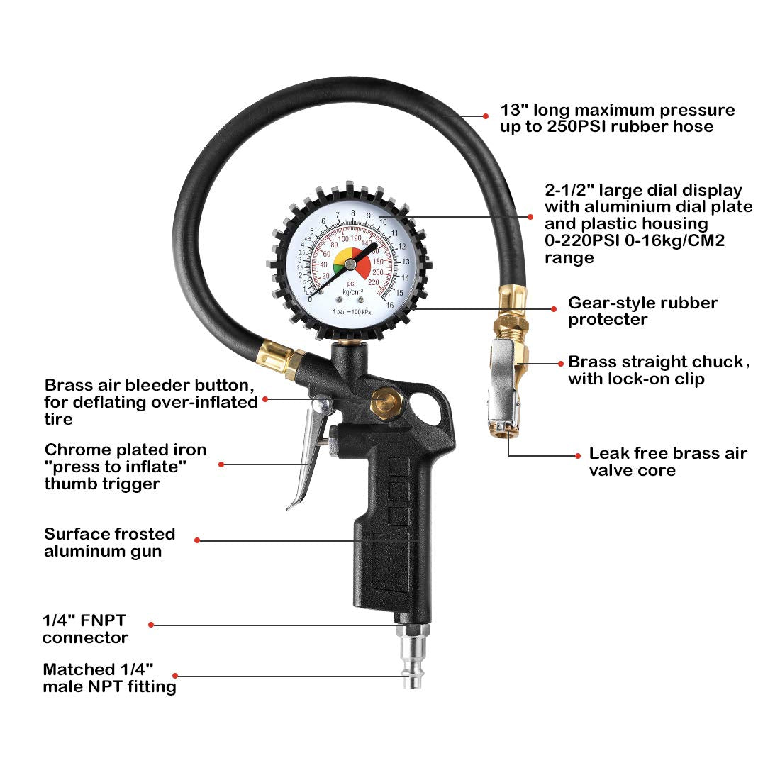 CZC AUTO Tire Inflator Deflator Air Pressure Gauge with Rubber Hose, 2-1/2' Dial Wheel Inflator Gage with Straight Brass Lock-on Chuck Compatible with Air Pump Compressor for RV Car Motorcycle Bike