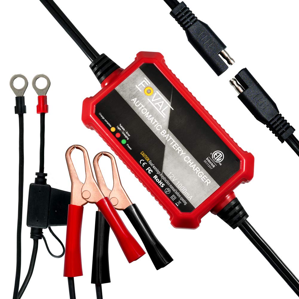 Foval 12V 1000mA Automatic Trickle Battery Charger, Smart Charging, Black, Model BC01B-1