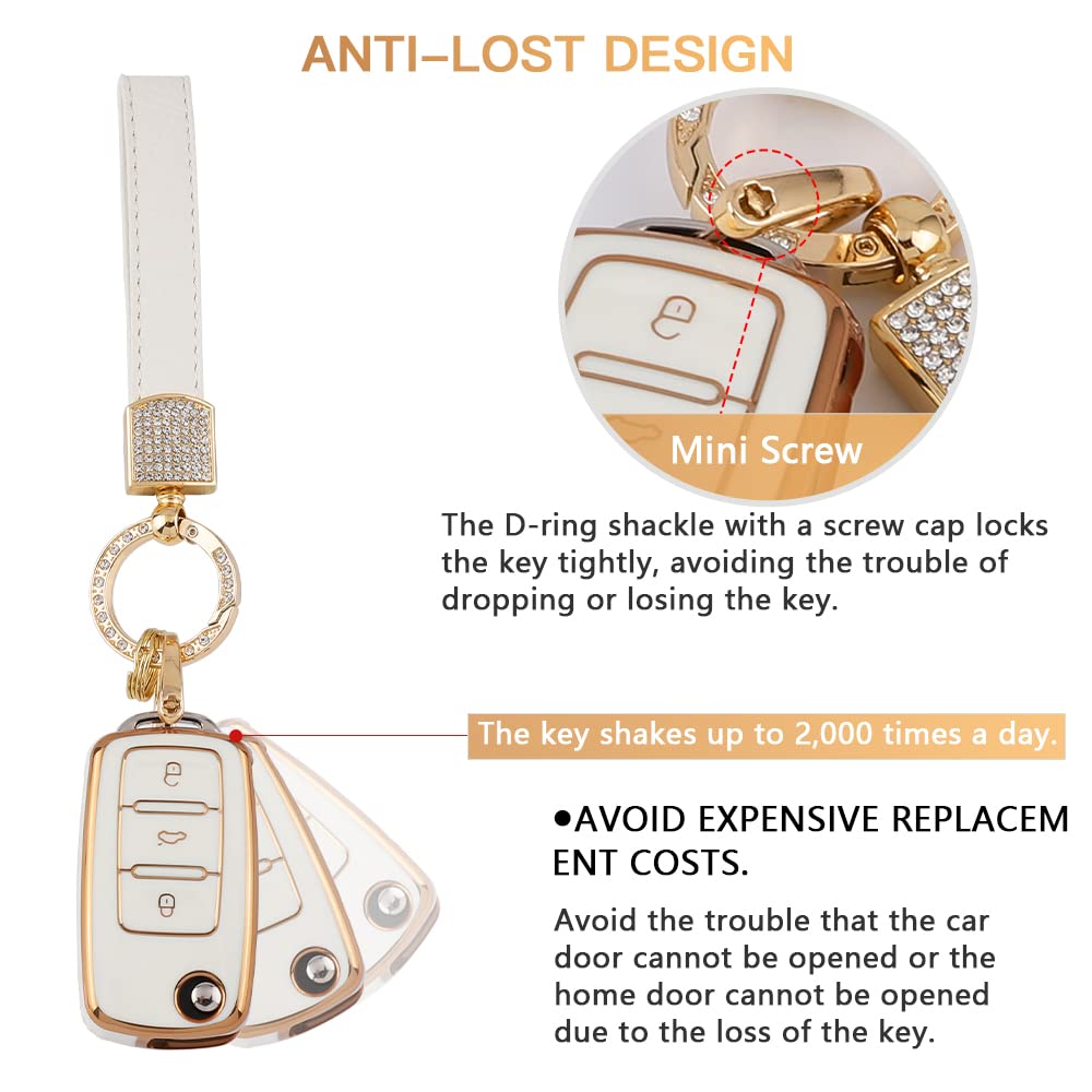 1797 For Vw Volkswagen Key Fob Cover Jetta Beetle Tiguan Passat Golf Accessories Car Keychain Bling Case Shell Protector Girly Cute 3 Button White Gold Tpu