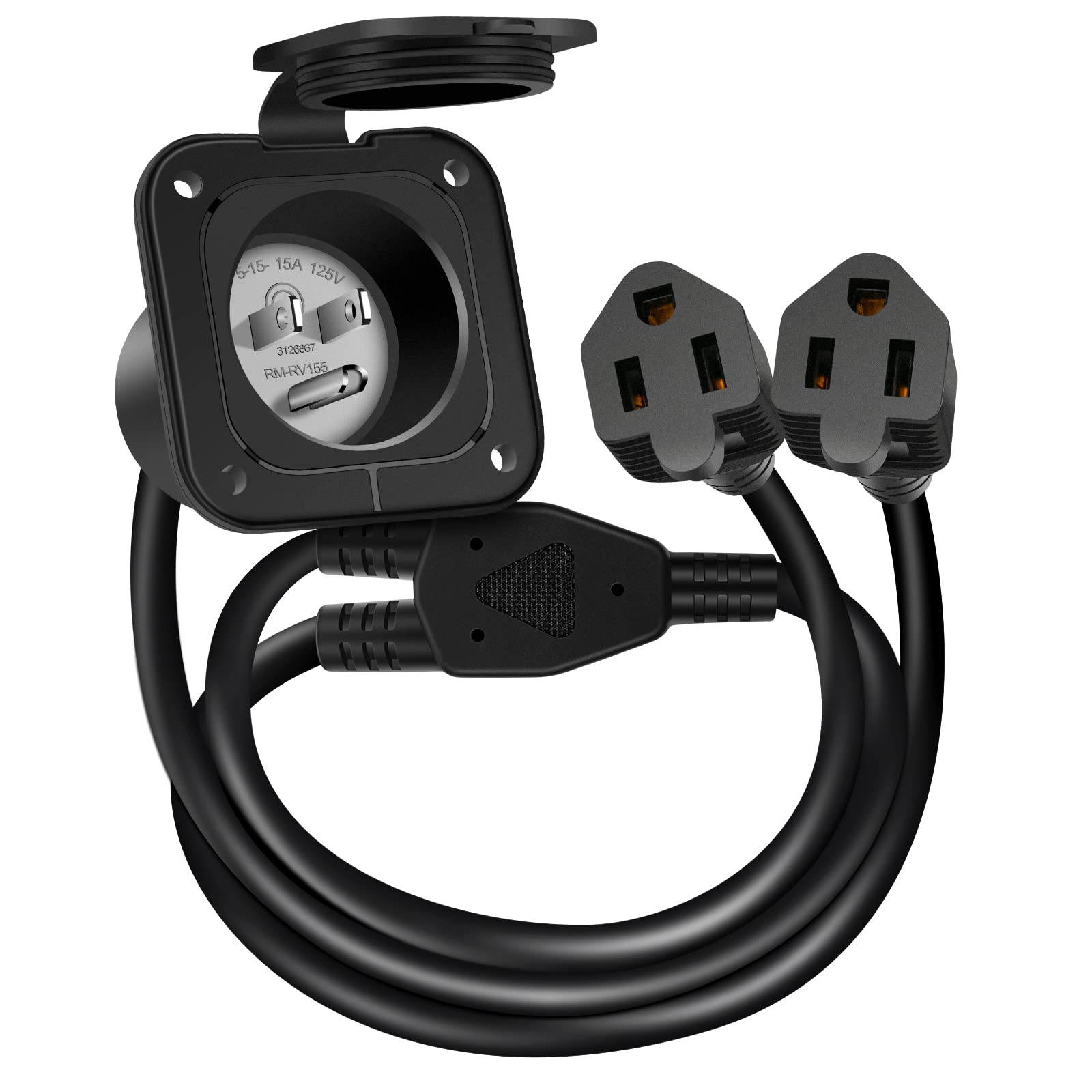 Paulinn 15 Amp 125V Ac Power Inlet Port Plug W/Integrated Dual 18' Extension Cord, Nema 5-15 Rv Flanged Inlet Y Splitter Cable With Waterproof & Back Cover, 2 Pole 3-Wire Shore Power Plug For Boat