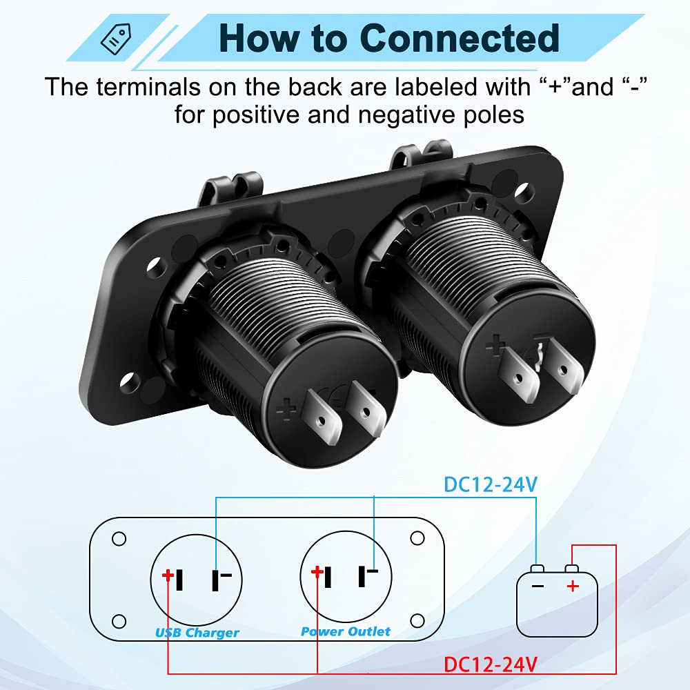 Electop Cigarette Lighter Socket Outlet Splitter, 12V Usb Outlet Usb Charger 12 Volt Socket Power Outlet With Led, Waterproof Po