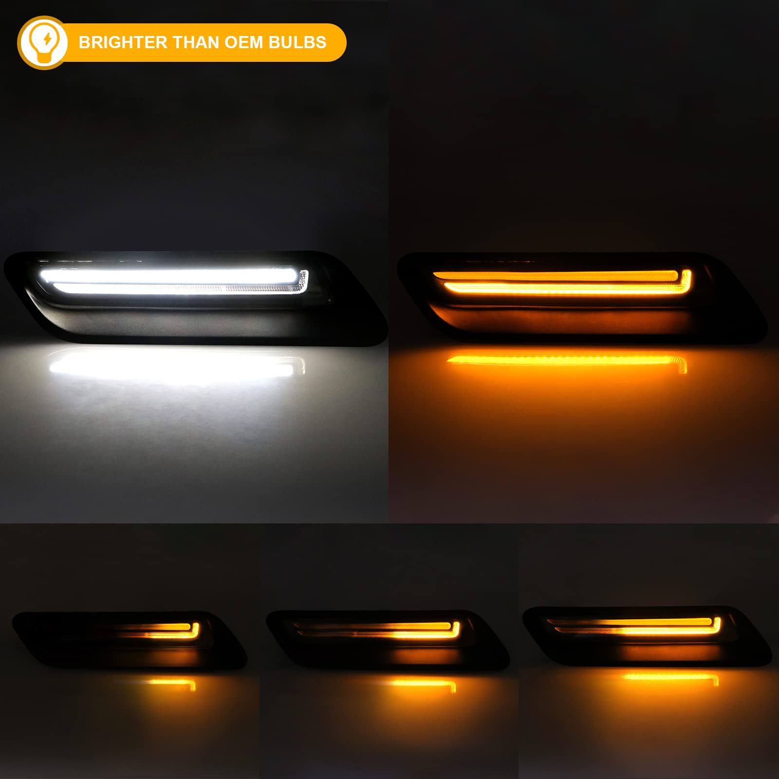 R&F Auto Smoked Sequential LED Hood Vent Lights Compatible with Ram 1500 (2010-2018) / Ram 1500 Classic (2019-2022) Hood Scoop L