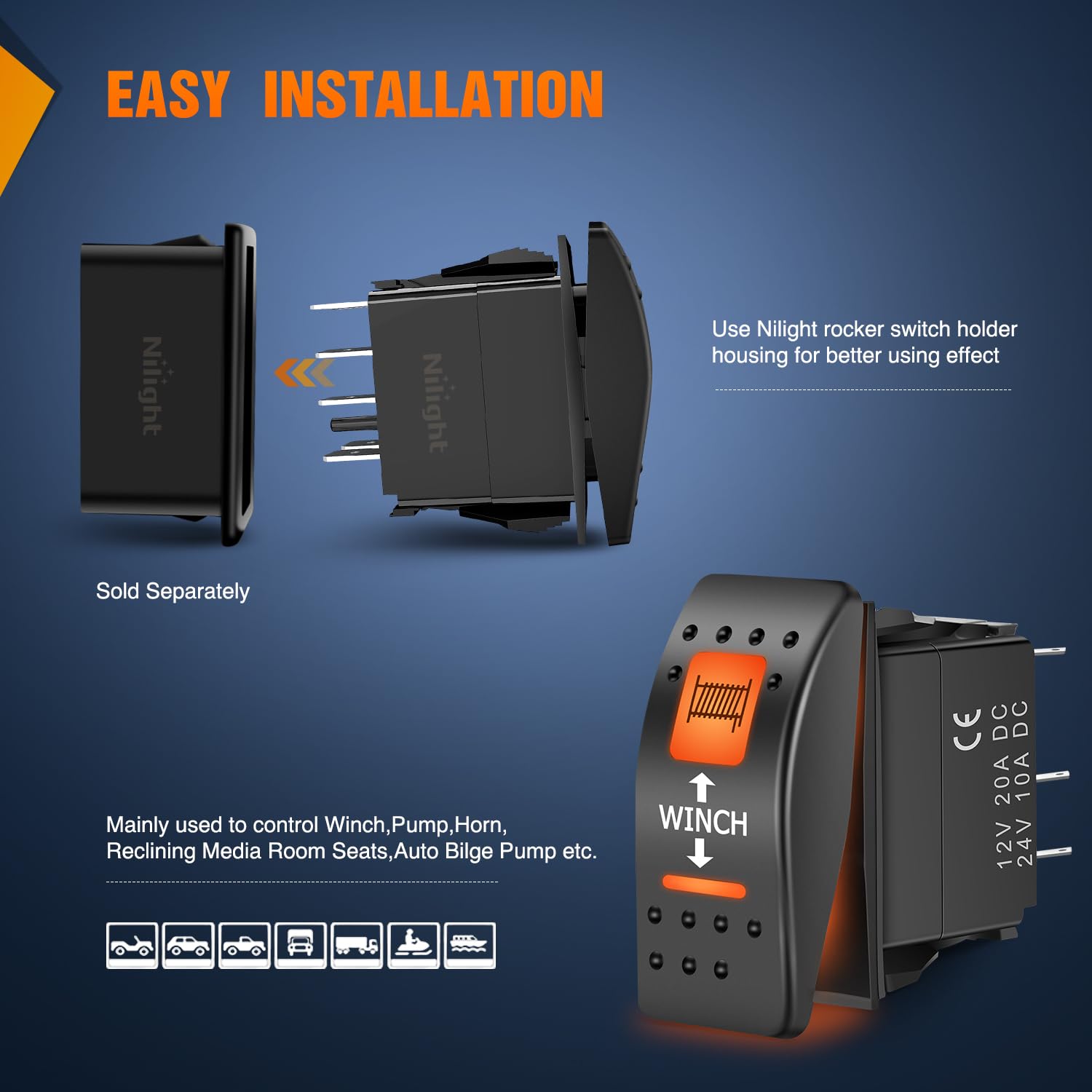 Nilight Utv Winch Rocker Switch Momentary On Off 7 Pin Dpdt Led Light Bar Switches With Orange Backlit 12V 24V Toggle Jumper Wir