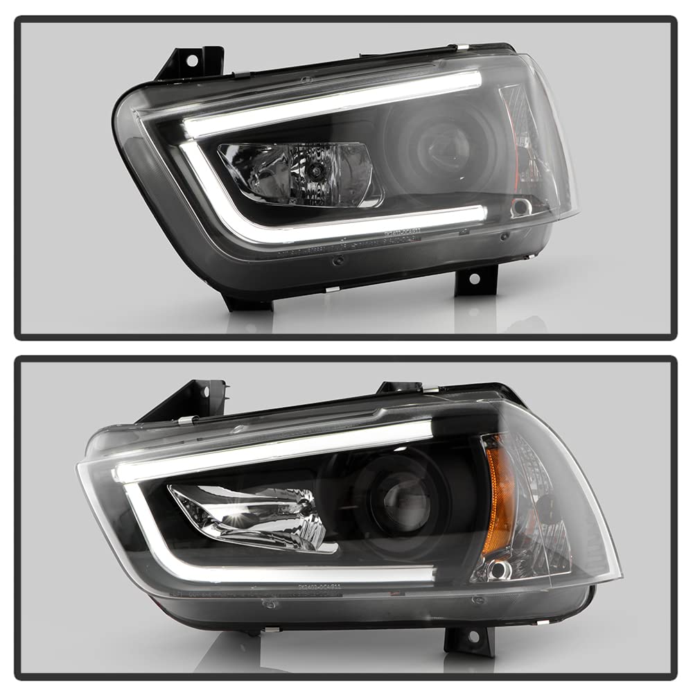 Acanii - For [Halogen Model] 2011-2014 Dodge Charger Led Drl Tube Black Housing Projector Headlights Headlamps Assembly