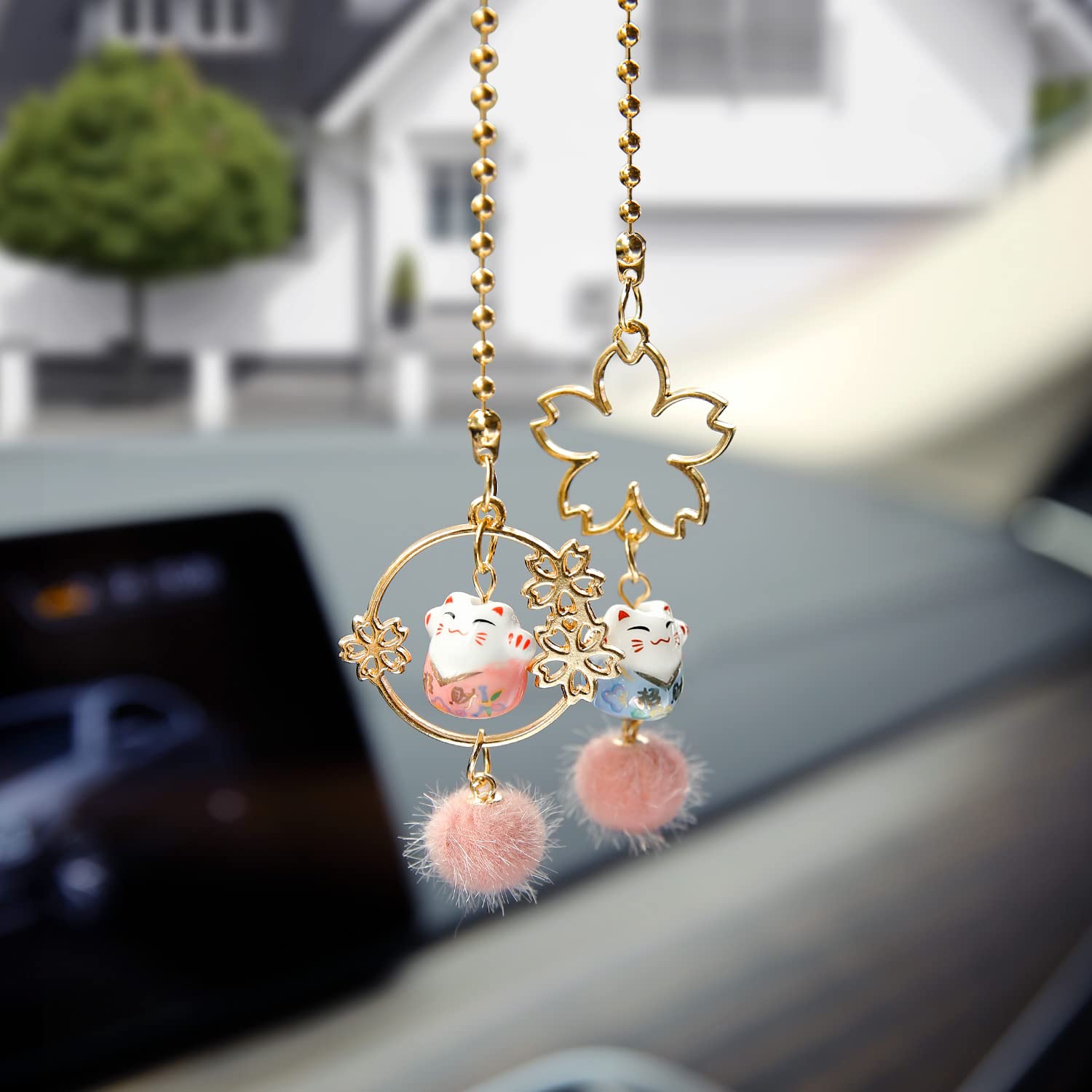Ygmoner Pair Of Lucky Cat Car Interior Mirror Hanging Accessories Car Decor Mini Porcelain Maneki Neko Dangle Charm (Sakura Luck