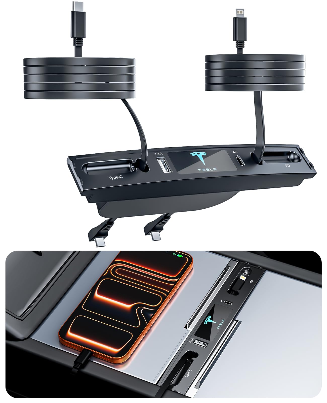 USB Hub for Tesla Model 3 Model Y, Waterproof, Multi Port Fast Charging for Model Y/3 Accessories 2021-2024, Retractable Docking