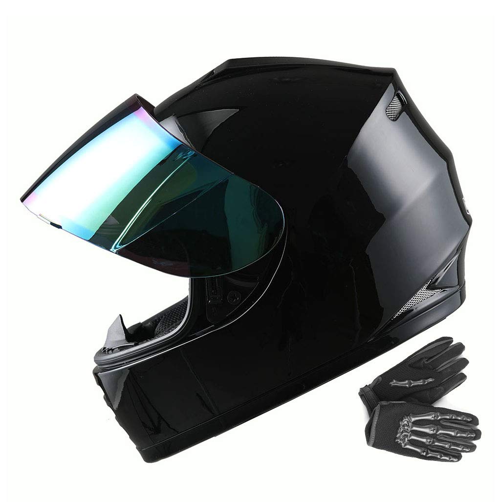 Wow Youth Motorcycle Full Face Helmet Street Bike Bmx Mx Kids Glossy Black + Mx Skeleton Glove Bundle