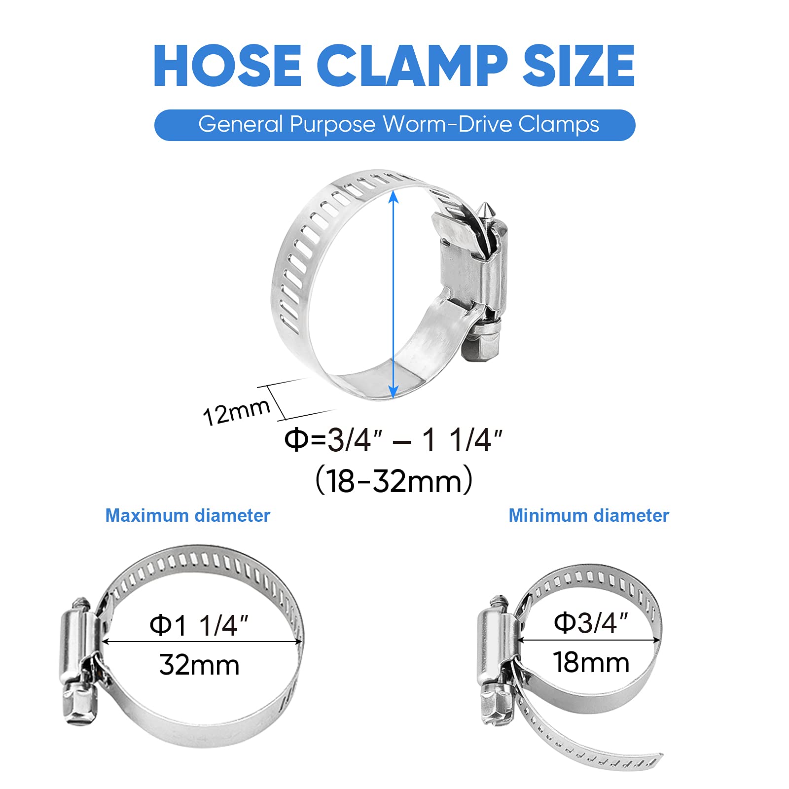 Ticonn 20Pcs Hose Clamp Set - 3/4 ' '-1-1/4 ' ' 304 Stainless Steel Worm Gear Hose Clamps For Pipe, Intercooler, Plumbing, Tube