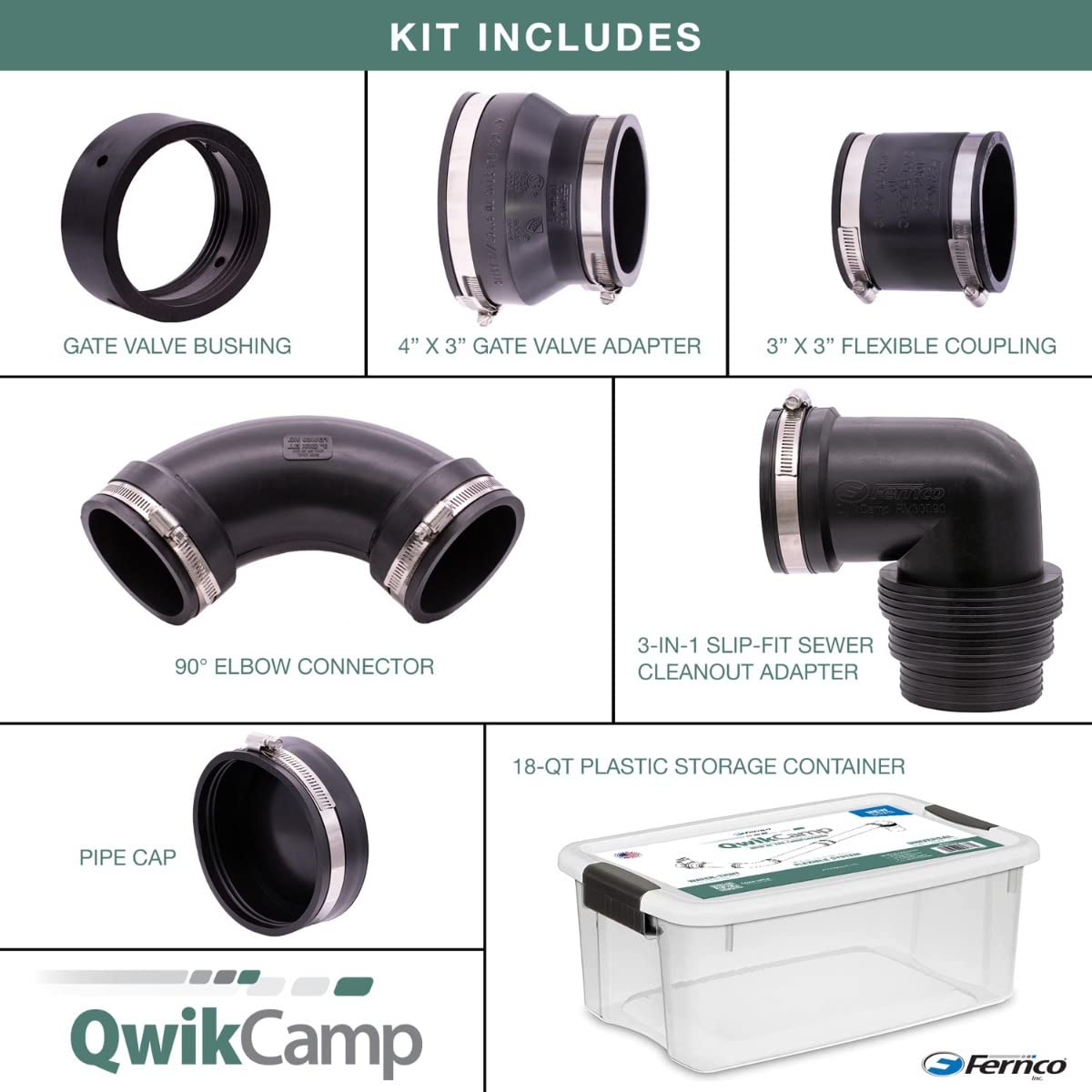 Fernco Qwikcamp Rv And Camper Sewer Waste Plumbing Connection System Kit With Slip Fit Coupling Adapter For 3-In. Pvc Pipe