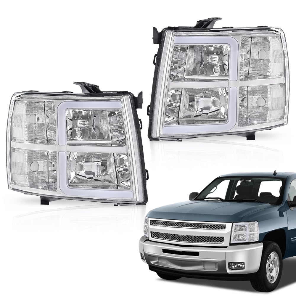 Pit66 Led Drl Tube Projector Headlights Compatible With Chevy Silverado 1500 2007-2013/ 2500Hd 3500Hd 07-14, Not Fit 2007 Old Bo